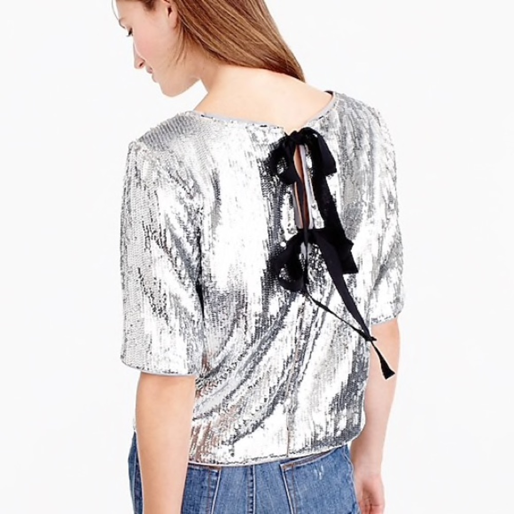 J Crew silver sequin top with back ties